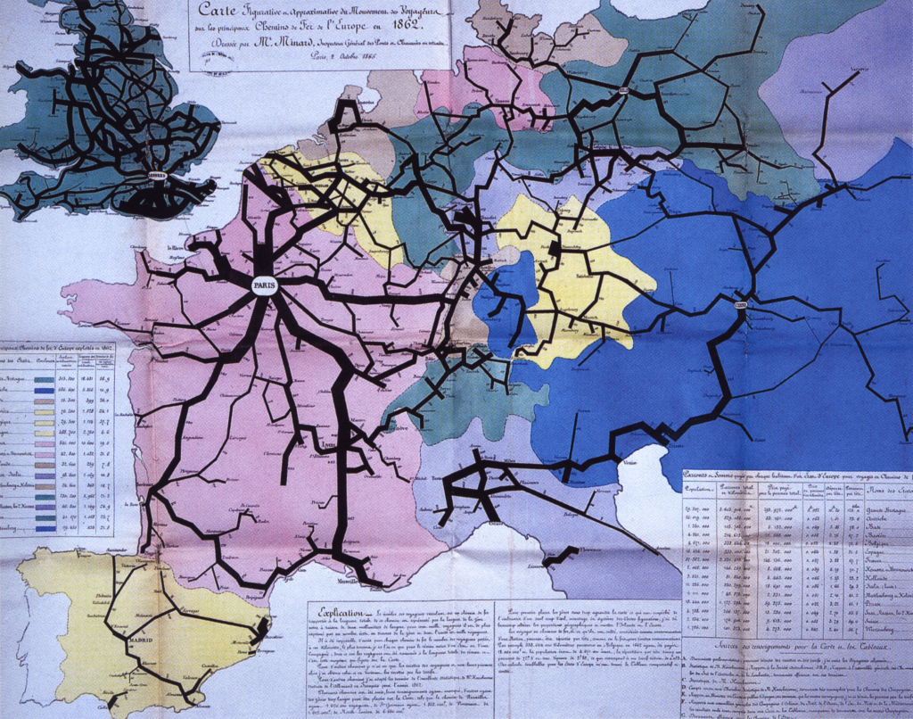 Charles Joseph Minard, Statistical map of European railroad traffic of 1862. Lithograph, 1865. 97.5 cm × 76 cm.