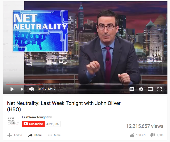 Net Neutrality: Last Week Tonight with John Oliver (HBO), 1 June 2014. 
 https://www.youtube.com/watch?v=fpbOEoRrHyU; screenshot taken on 22 February 2018.